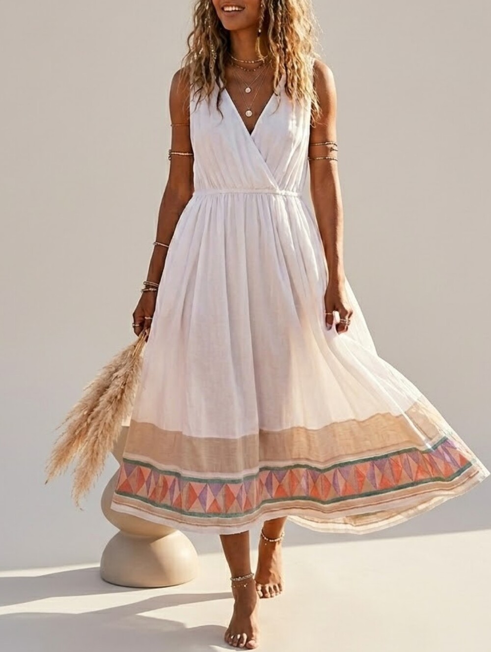 Free People Sleeveless V-Neck Boho Midi Dress in Ivory with Southwest Border M